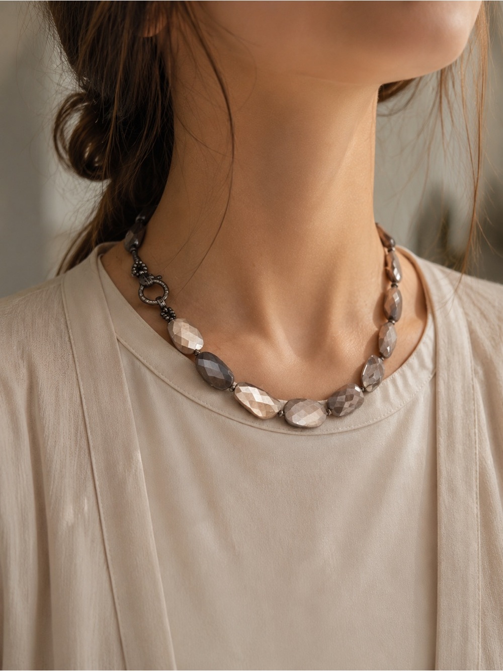Diamonds & Gray Mauve moonstones  necklace